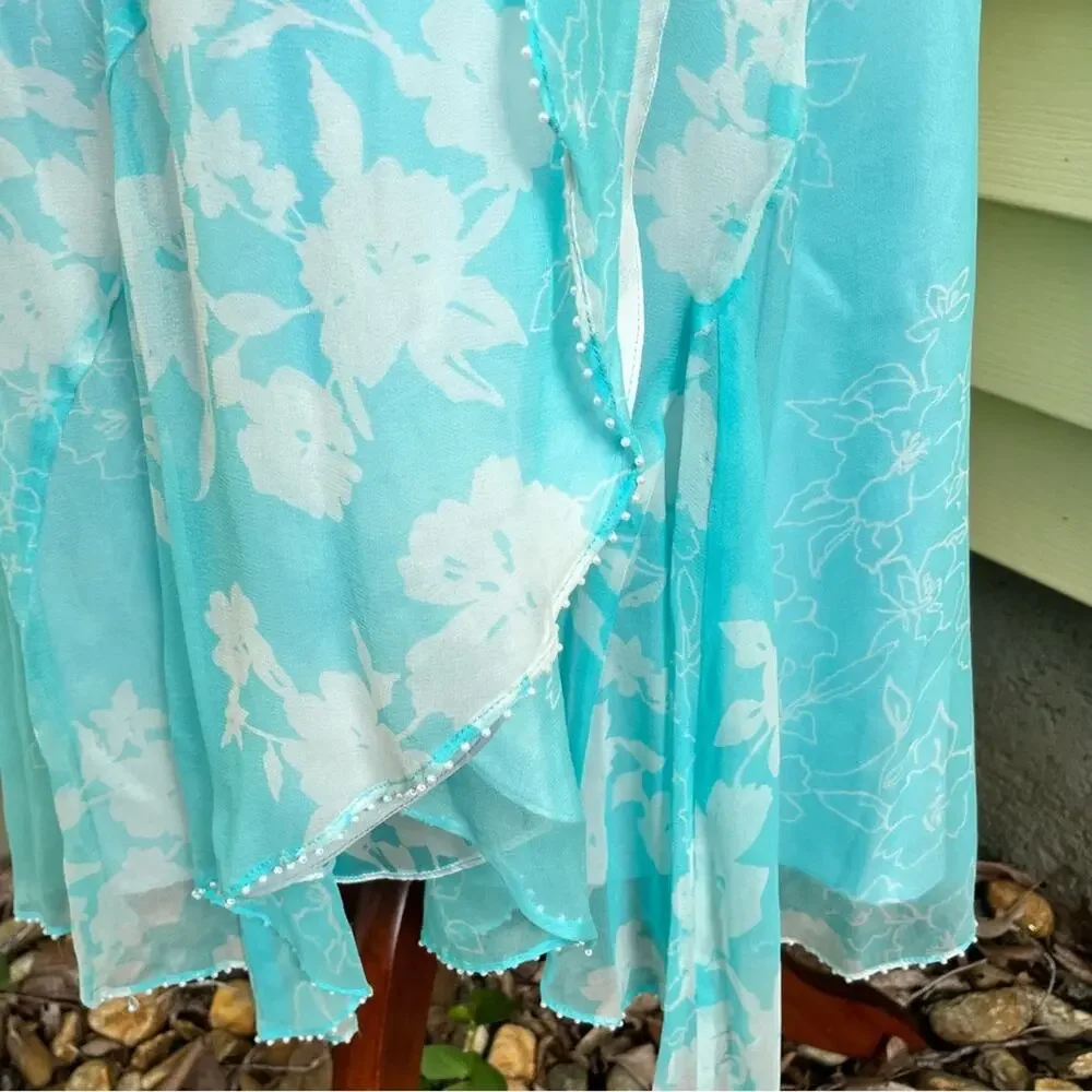 ICE Blue Silk Floral Wrap Dress Pearls Romantic Vintage Y2K Tie Women's Small
